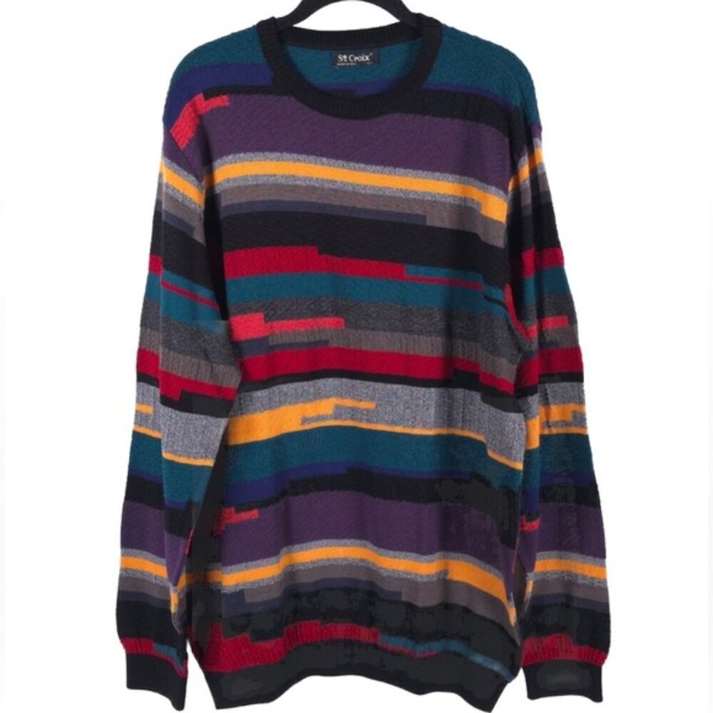 ST. CROIX Luxury ABSTRACT Crew Nk Jacq Knit Pullover Sweater Craftsmanship LARGE